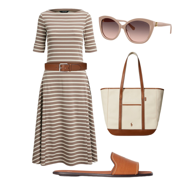 Outfit donna - Basica con stile. Stile Minimal per Tutti i giorni. Abbinamento con ciabatte, cinture, occhiali da sole, borse tote, vestiti.