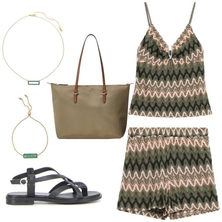 Outfit donna - In riva al mare. Stile Etnico per Tutti i giorni. Abbinamento con shorts, top, borse tote, braccialetti, collane, sandali.