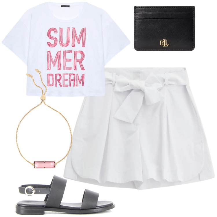 Outfit donna - Summer time. Stile Basic per Tutti i giorni. Abbinamento con shorts, portafogli, braccialetti, t-shirt, sandali.