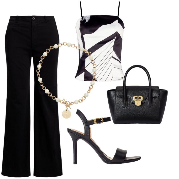 Outfit donna - Bianco e nero. Stile Glamour per Serata fuori. Abbinamento con canottiere, collane, sandali in pelle, borse a mano, pantaloni.