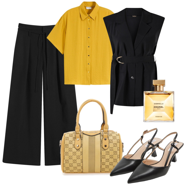 Outfit donna - Ocra e nero lavoro e cena. Stile Glamour per Ufficio. Abbinamento con pantaloni, camicie, profumi, sabot, gilet, borse a spalla.