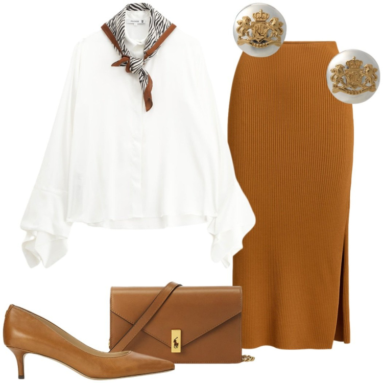 Outfit donna - Riunione di lavoro. Stile Chic per Ufficio. Abbinamento con camicie, décolleté, gonne, orecchini, clutch.
