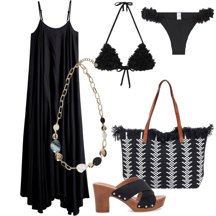 Outfit donna - Total look #2224439. Stile Boho per Mare. Abbinamento con vestiti lunghi, bikini, bikini, borse a spalla, zoccoli, collane.