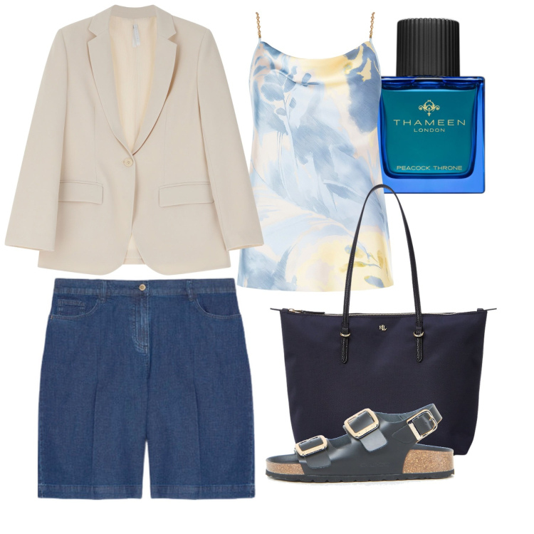 Outfit donna - Agosto. Stile Trendy per Tutti i giorni. Abbinamento con profumi, top, blazer, borse tote, shorts, sandali.