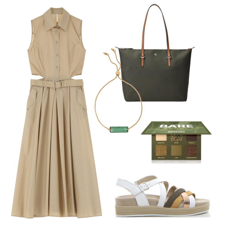 Outfit donna - Dettagli cut-out in città. Stile Casual per Tutti i giorni. Abbinamento con ombretti, vestiti senza maniche, borse tote, braccialetti, sandali.