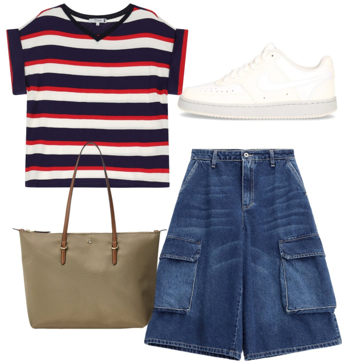 Outfit donna - Sporty. Stile Sporty chic per Tutti i giorni. Abbinamento con shorts, t-shirt, borse tote, sneakers.