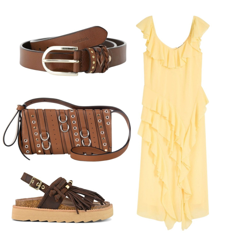 Outfit donna - Rouches e sandali. Stile Chic per Tutti i giorni. Abbinamento con vestiti, borse a spalla, cinture, sandali.