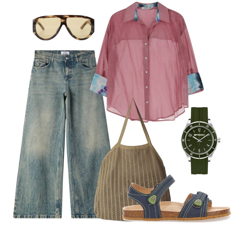 Outfit donna - Easy look in jeans. Stile Urban per Tutti i giorni. Abbinamento con jeans, borse tote, camicie, occhiali da sole, orologi, sandali.