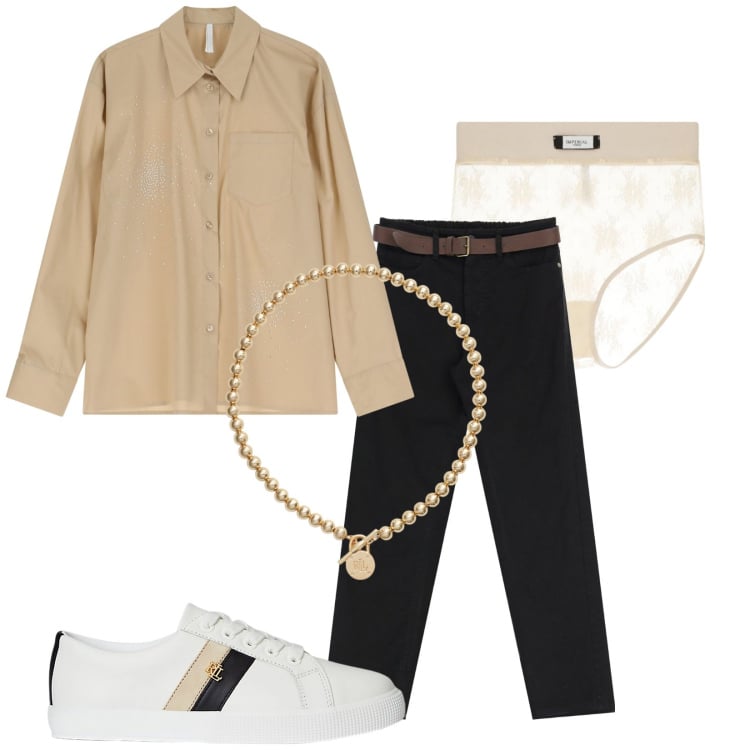 Outfit donna - Total look #2224461. Stile Casual chic per Tutti i giorni. Abbinamento con pantaloni, slip, camicie, sneakers, collane.