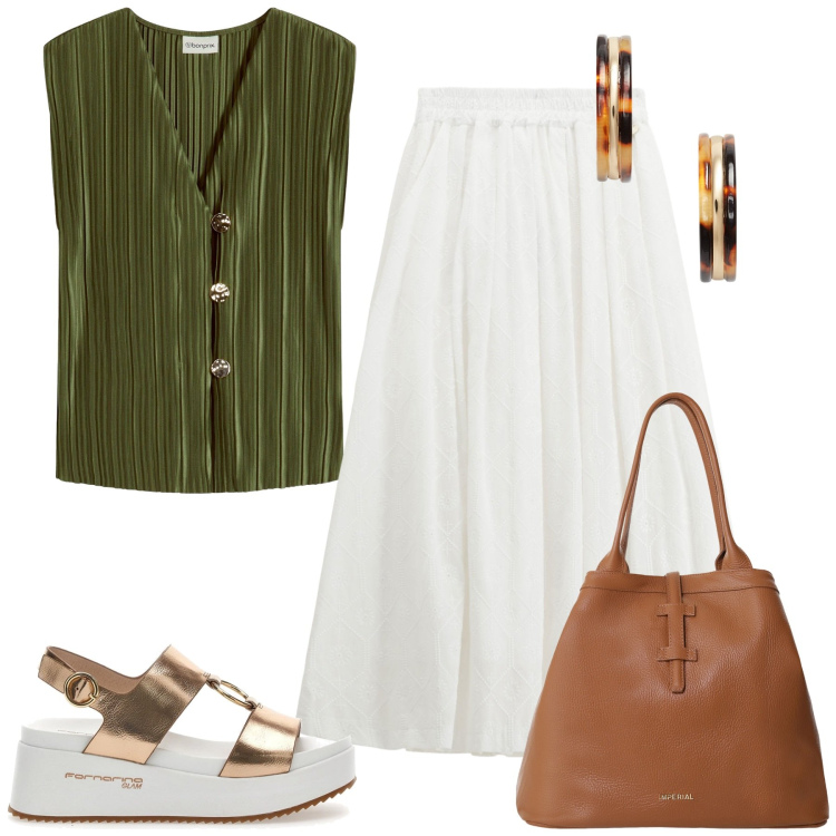 Outfit donna - Pomeriggio spensierato. Stile Casual per Tutti i giorni. Abbinamento con top, gonne lunghe, borse tote, orecchini, sandali.