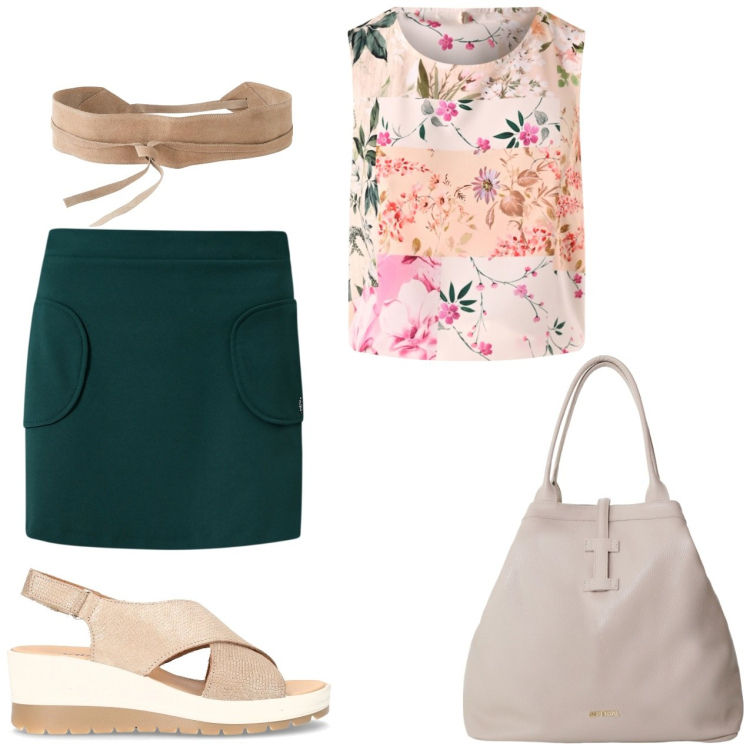 Outfit donna - Top fiori gonna verde. Stile Casual per Tutti i giorni. Abbinamento con cinture, gonne, top, borse tote, sandali col tacco.