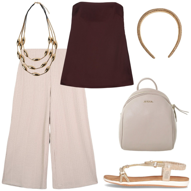 Outfit donna - Top marrone pantaloni beige. Stile Casual per Tutti i giorni. Abbinamento con pantaloni a palazzo, cerchietti, zaini, top, sandali in pelle, collane.