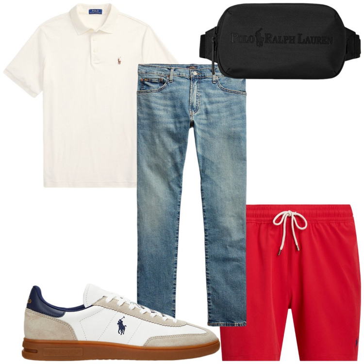 Outfit uomo - Total look #2224606. Stile Trendy per Mare. Abbinamento con jeans, costumi, borse sportive, sneakers, polo.