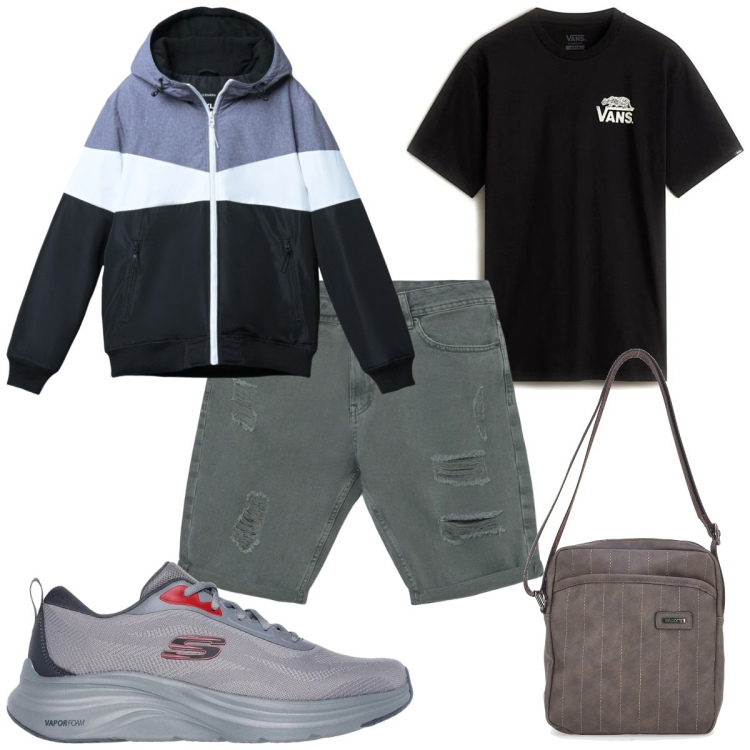 Outfit uomo - Total look #2224647. Stile Trendy per Tutti i giorni. Abbinamento con piumini, bermuda, portafogli, sneakers, t-shirt.