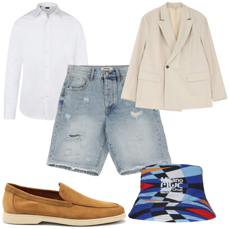 Outfit uomo - Total look #2224665. Stile Trendy per Tutti i giorni. Abbinamento con cappelli, giacche, bermuda, camicie, scarpe stringate.
