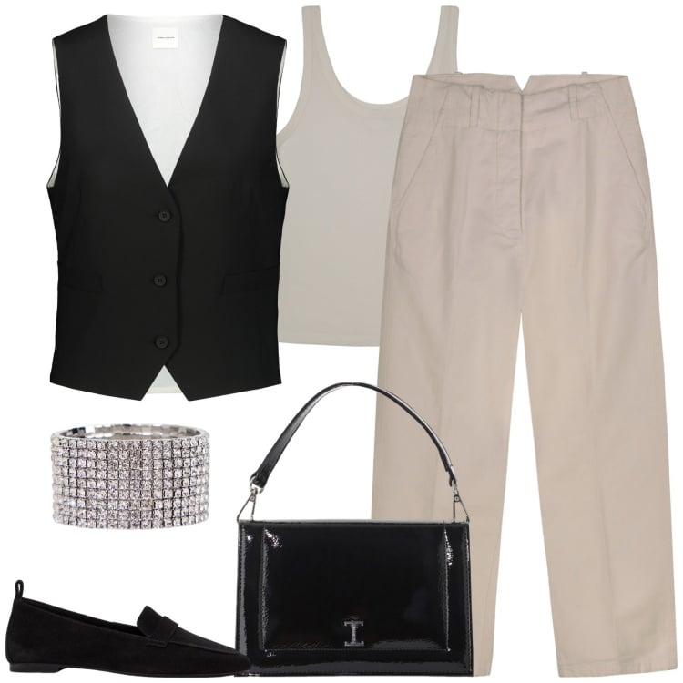 Outfit donna - Estetica minimal. Stile Minimal per Ufficio. Abbinamento con mocassini, borse a tracolla, braccialetti, gilet, pantaloni, canottiere.
