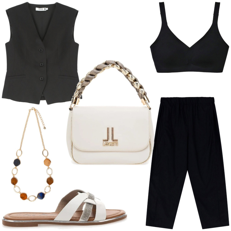 Outfit donna - Meeting aziendale. Stile Urban per Ufficio. Abbinamento con reggiseni, gilet, pantaloni, ciabatte, borse a tracolla, collane.
