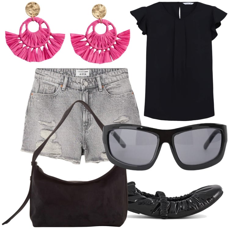 Outfit donna - Un po’ di colore. Stile Casual chic per Tutti i giorni. Abbinamento con orecchini, borse a mano, bluse, shorts, occhiali da sole, ballerine.