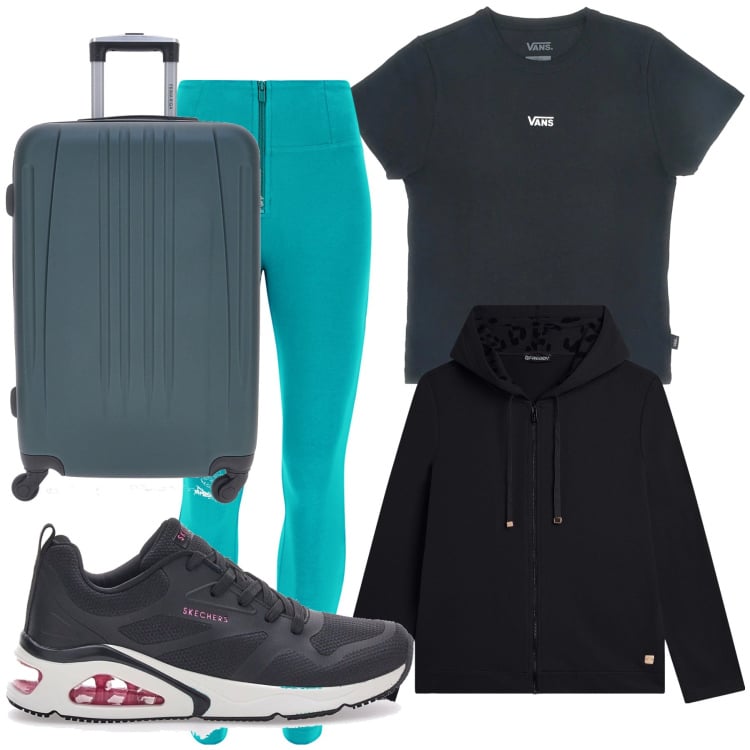 Outfit donna - Ferragosto in montagna. Stile Basic per Tutti i giorni. Abbinamento con felpe con cappuccio, pantaloni skinny, sneakers alte, t-shirt, valigie.