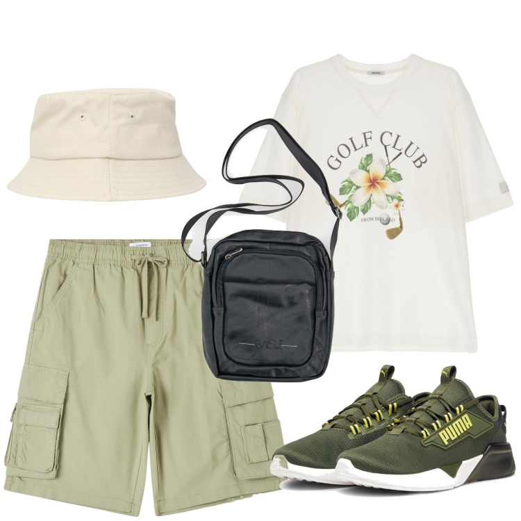 Outfit uomo - La comoda borsa a tracolla. Stile Casual per Tutti i giorni. Abbinamento con pantaloni corti, cappelli, t-shirt, sneakers, borse sportive.