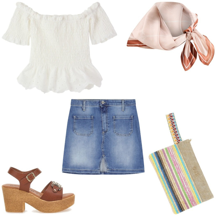 Outfit donna - Blusa sangallo. Stile Urban per Tutti i giorni. Abbinamento con bluse, foulard, minigonne, sandali col tacco, pochette.