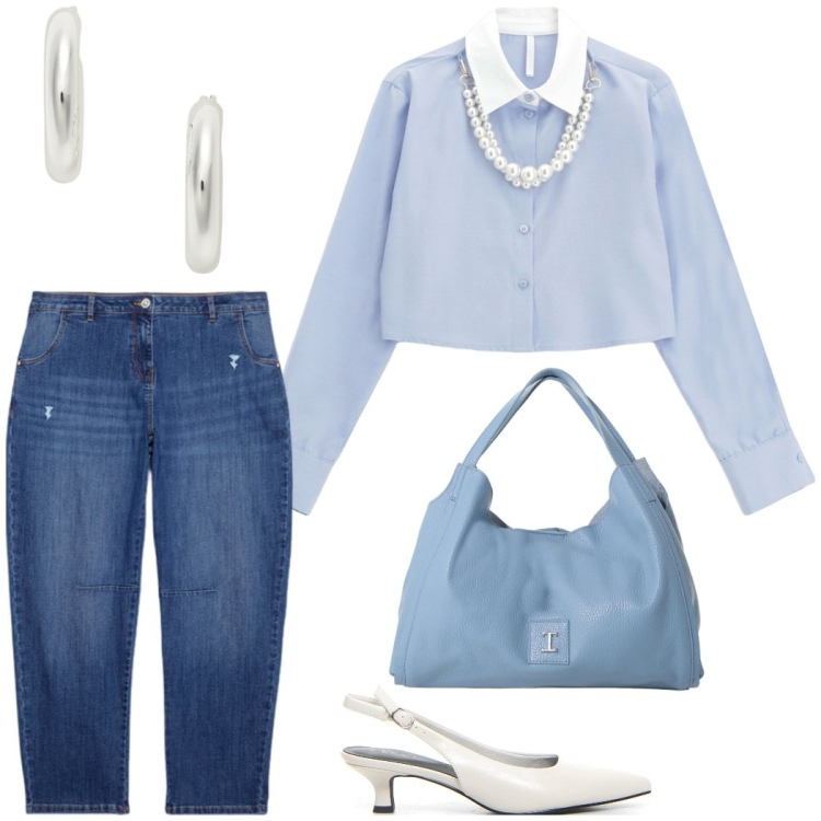 Outfit donna - Celeste. Stile Urban per Tutti i giorni. Abbinamento con camicie, pochette, orecchini, jeans strappati, décolleté.