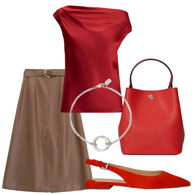Outfit donna - Un pranzo in estate. Stile Casual chic per Tutti i giorni. Abbinamento con gonne lunghe, top, braccialetti, borse a secchiello, ballerine.