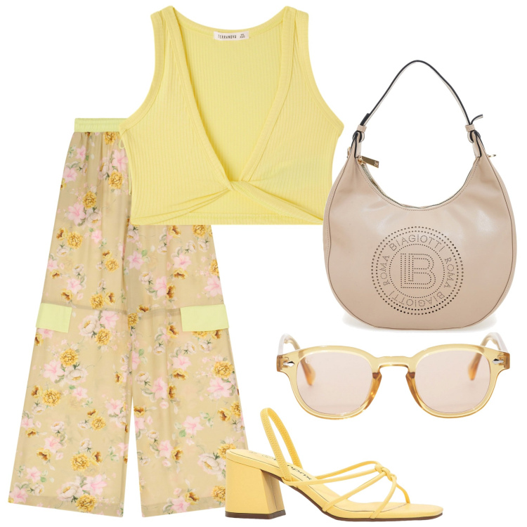 Outfit donna - Solare. Stile Trendy per Tutti i giorni. Abbinamento con sandali col tacco, top, occhiali da sole, pantaloni, borse a spalla.