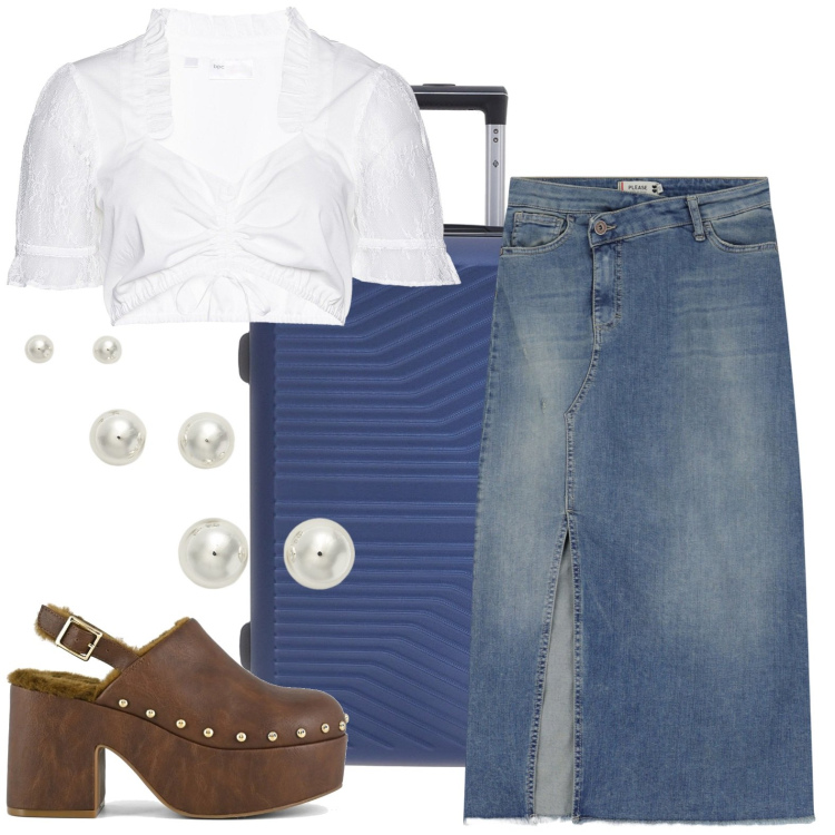 Outfit donna - Country chic. Stile Etnico per Mare. Abbinamento con camicie, gonne longuette, orecchini, sabot, valigie.
