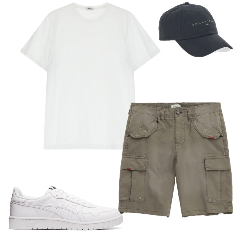 Outfit uomo - Basic style. Stile Urban per Tutti i giorni. Abbinamento con bermuda, t-shirt, cappelli, sneakers.