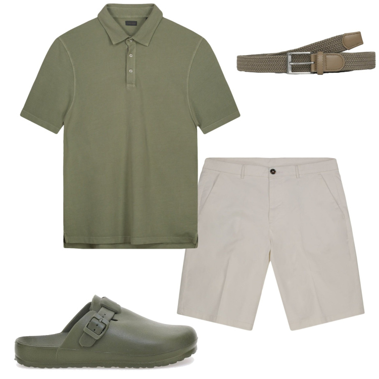 Outfit uomo - In pieno relax. Stile Casual per Tutti i giorni. Abbinamento con cinture, sandali, bermuda, polo.