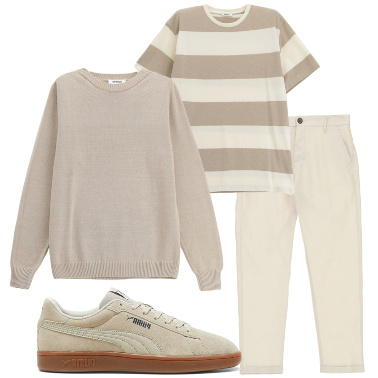 Outfit uomo - Toni chiari. Stile Casual per Tutti i giorni. Abbinamento con pantaloni, maglieria, t-shirt, sneakers.