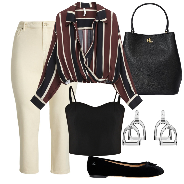 Outfit donna - In ufficio ad agosto. Stile Casual chic per Ufficio. Abbinamento con top, camicie, orecchini, jeans dritti, borse a secchiello, ballerine.