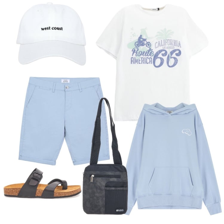 Outfit uomo - Total look #2225026. Stile Casual per Tutti i giorni. Abbinamento con cappelli, bermuda, t-shirt, felpe con cappuccio, sandali, borse sportive.