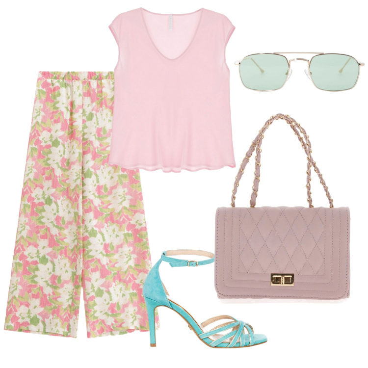 Outfit donna - Colori pastello 2. Stile Romantica per Tutti i giorni. Abbinamento con sandali col tacco, pantaloni a palazzo, occhiali da sole, top, borse a tracolla.