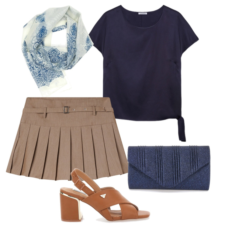 Outfit donna - Con la gonnellina. Stile Casual chic per Tutti i giorni. Abbinamento con minigonne, bluse, clutch, sandali col tacco, foulard.