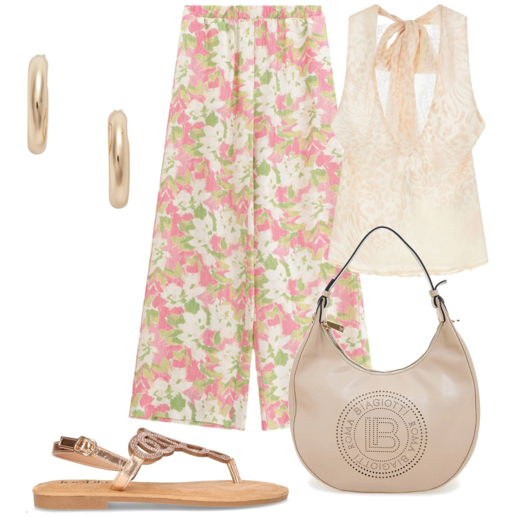Outfit donna - Leggerezza. Stile Romantica per Tutti i giorni. Abbinamento con top, pantaloni a palazzo, orecchini, borse a spalla, sandali in pelle.
