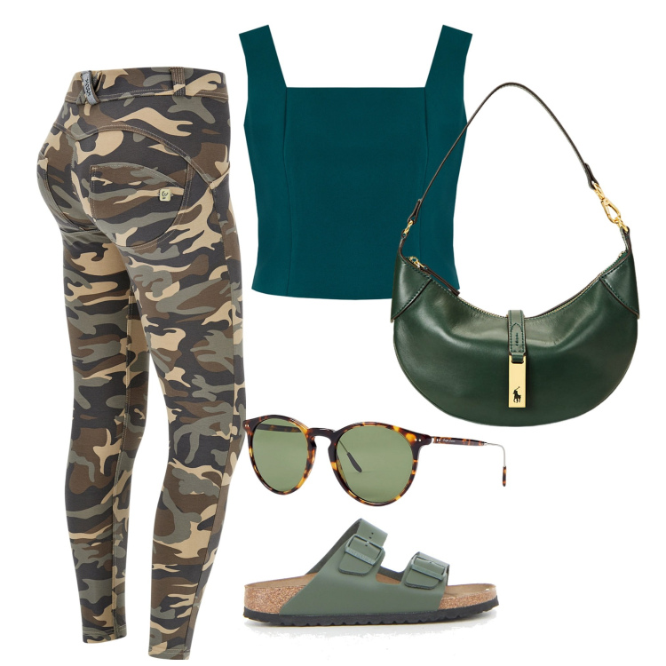 Outfit donna - Con i leggins militari. Stile Military per Tutti i giorni. Abbinamento con top, pantaloni skinny, borse a spalla, occhiali da sole, ciabatte.
