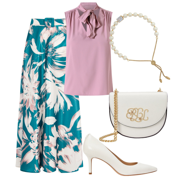 Outfit donna - Un compleanno speciale. Stile Bon Ton per Tutti i giorni. Abbinamento con top, gonne, borse a tracolla, braccialetti, décolleté.