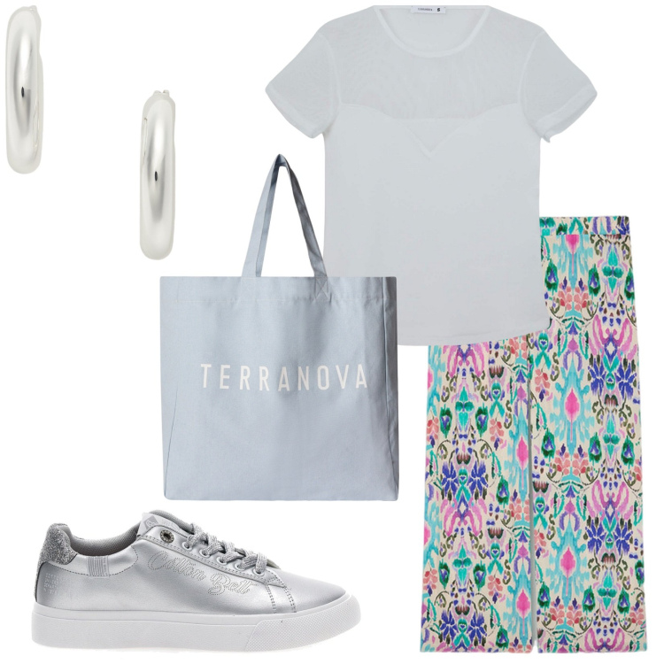 Outfit donna - Total look #2225066. Stile Casual chic per Tutti i giorni. Abbinamento con t-shirt, borse tote, orecchini, pantaloni a palazzo, sneakers.