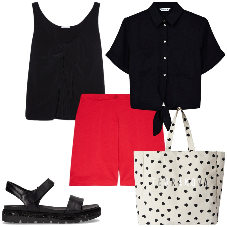 Outfit donna - Total look #2225072. Stile Casual per Mare. Abbinamento con camicie a manica corta, borse tote, pantaloni corti, top, sandali.
