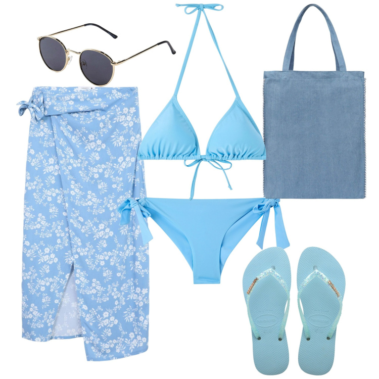 Outfit donna - Al mare. Stile Basic per Mare. Abbinamento con occhiali da sole, borse tote, vestiti da spiaggia, bikini, bikini, infradito.