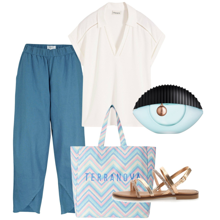 Outfit donna - Agosto in città. Stile Bon Ton per Tutti i giorni. Abbinamento con pantaloni, polo, profumi, borse tote, sandali.