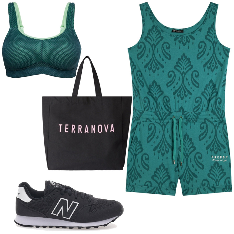 Outfit donna - Total look #2225083. Stile Minimal per Sport. Abbinamento con reggiseni, borse tote, tuta corta, sneakers.