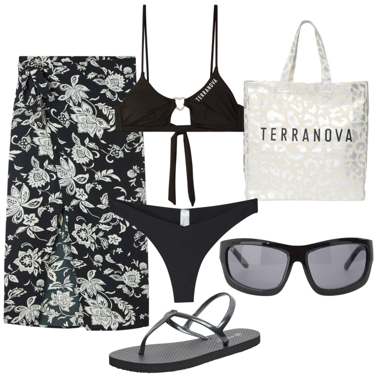 Outfit donna - Al mare 2. Stile Basic per Mare. Abbinamento con sandali, vestiti da spiaggia, bikini, bikini, borse tote, occhiali da sole.