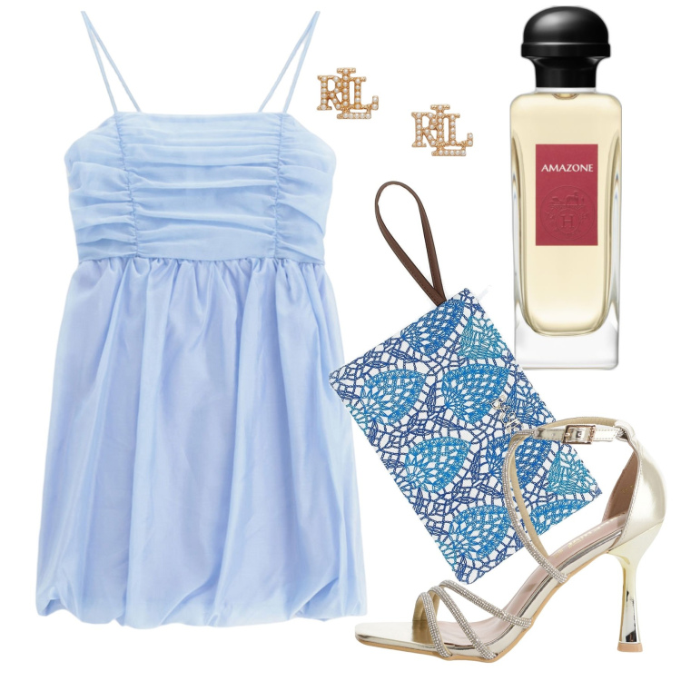 Outfit donna - Cerimonia confetto. Stile Chic per Cerimonia. Abbinamento con profumi, sandali col tacco, vestiti corti, orecchini, pochette.