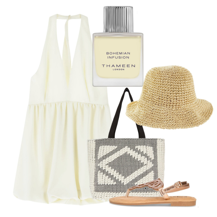 Outfit donna - Agosto. Stile Chic per Tutti i giorni. Abbinamento con cappelli, profumi, vestiti corti, shopping bag, sandali in pelle.