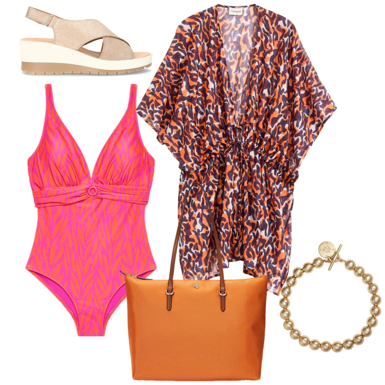 Outfit donna - Al mare 3. Stile Basic per Mare. Abbinamento con vestiti da spiaggia, braccialetti, borse tote, bikini, sandali col tacco.