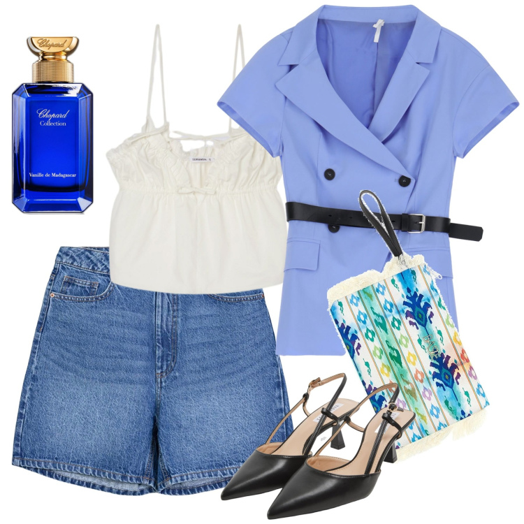 Outfit donna - Blazer e shorts. Stile Trendy per Tutti i giorni. Abbinamento con profumi, bermuda, sabot, canottiere, blazer, pochette.