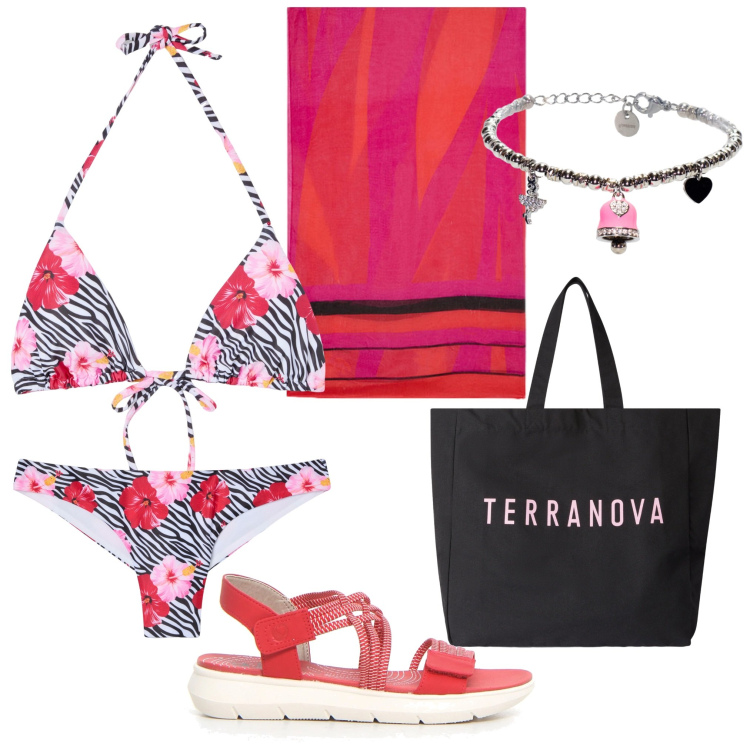Outfit donna - Al mare 4. Stile Basic per Mare. Abbinamento con borse tote, bikini, bikini, braccialetti, sandali, vestiti da spiaggia.